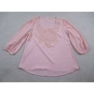 Ezra Womens Blouse Small Pink Intricate Crochet Scoop Neck Elegant 3/4 Sleeve